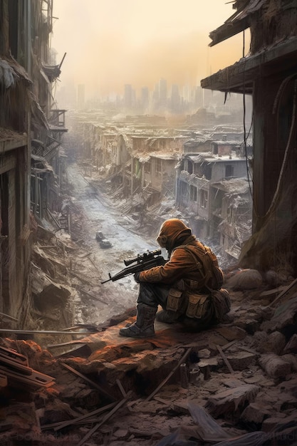 A soldier sits on a ruins in a city.