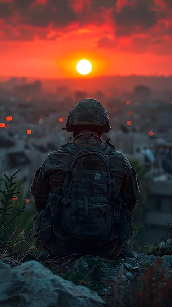 A soldier sits at sunset looking at his village devastated by bombs and war Concept peace STOP WAR