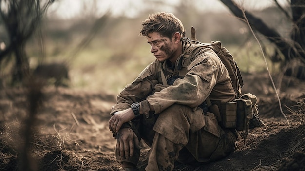 A soldier sits in a trench in the army