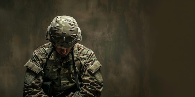 Photo a soldier sits with his head in his hands