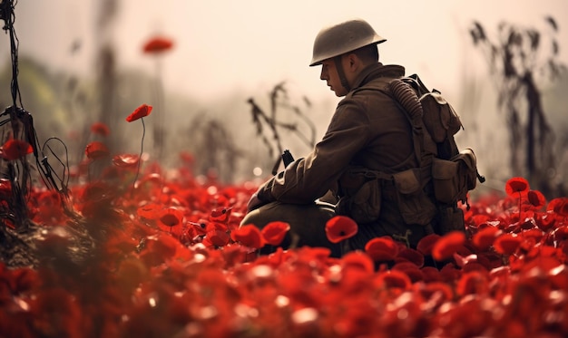 Foto un soldato seduto in un campo di papaveri che ricorda coloro che hanno perso la vita per la pace durante la guerra