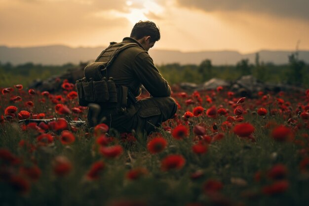 Солдат, сидящий на поле мак, вспоминает тех, кто погиб за мир во время войны.