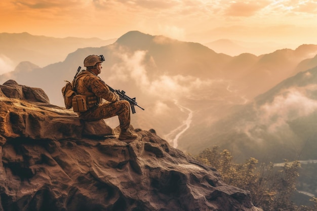 Soldier sitting relaxed on the top mountain