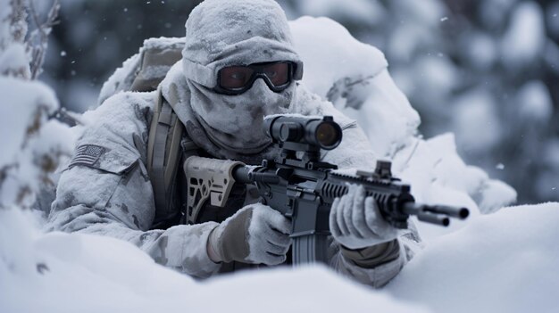 Photo a soldier in a snow suit with a gun in his hand