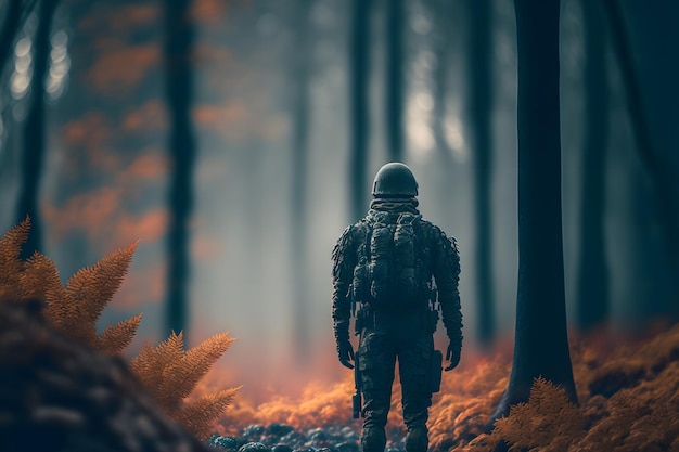 soldier standing alone after the war in the battlefield, old forest, generative ai