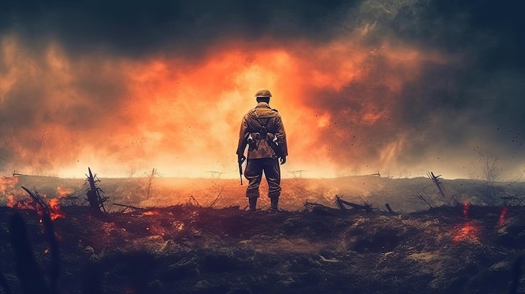 Photo 戦場で戦争の後一人で立っている兵士