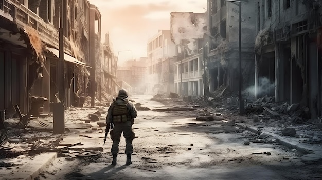 A soldier standing amidst the ruins of a destroyed city after a nuclear explosion Military man walking on a destroyed buildings city during a war