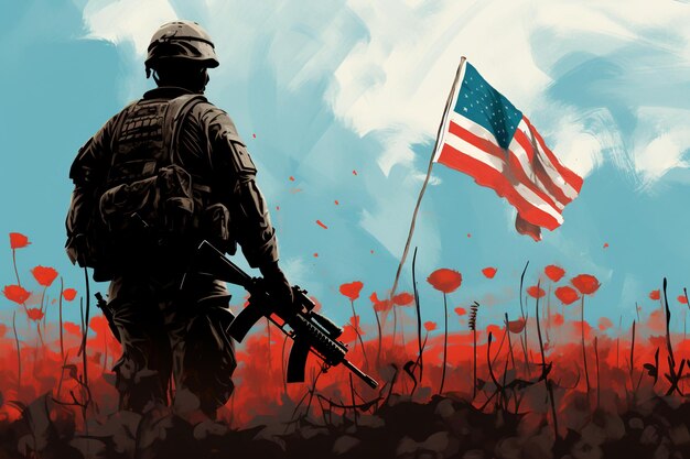 a soldier standing in a field of red poppies holding an American flag