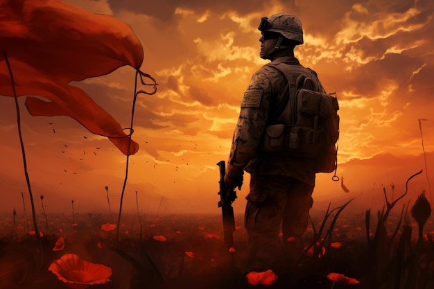 a soldier standing in a field of red poppies holding an American flag