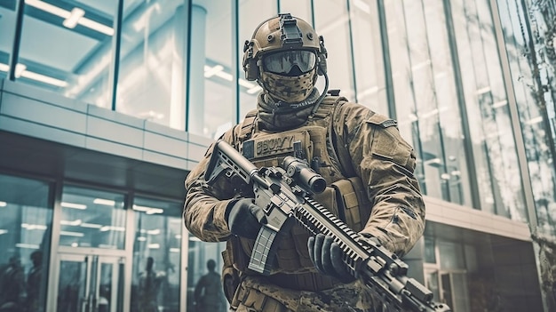 A soldier standing in front of a building that thieves have blocked is loading while wearing a camouflage outfit and carrying a gun GENERATE AI