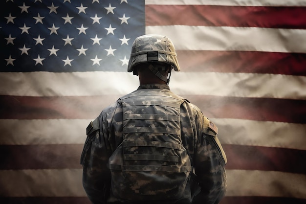 A soldier standing in front of a flag
