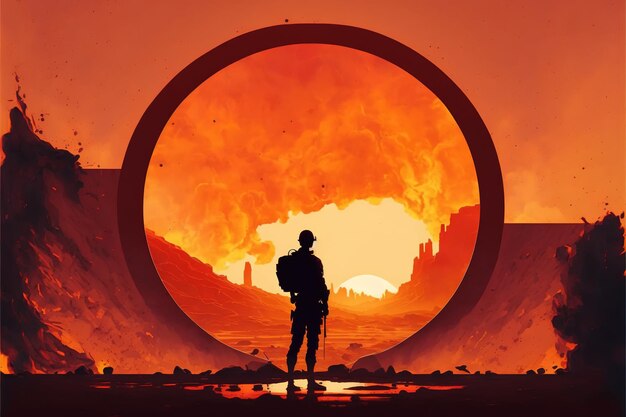 군인이 서서 하늘 디지털 아트 스타일 그림에 떠 있는 거대한 원형 화재 포털을 바라보고 있습니다. 포털 근처에 있는 군인의 판타지 개념