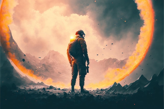 Солдат стоит и смотрит на огромный круглый огненный портал, парящий в небе иллюстрация в стиле цифрового искусства рисует фантазийную концепцию солдата возле портала