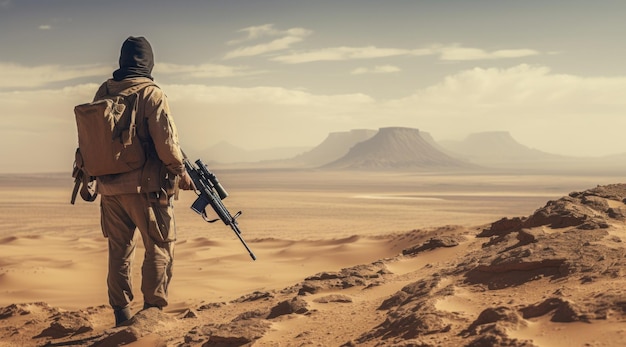 soldier stands in the desert while shooting at targets with his rifle in the style of nikon d850