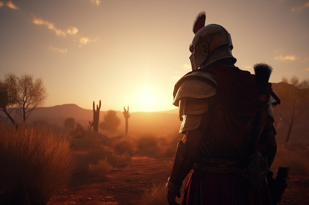 A soldier stands in a desert with the sun setting behind him.