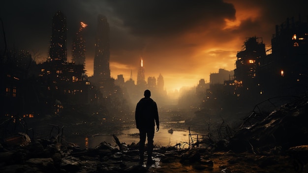 A soldier stands of a destroyed building