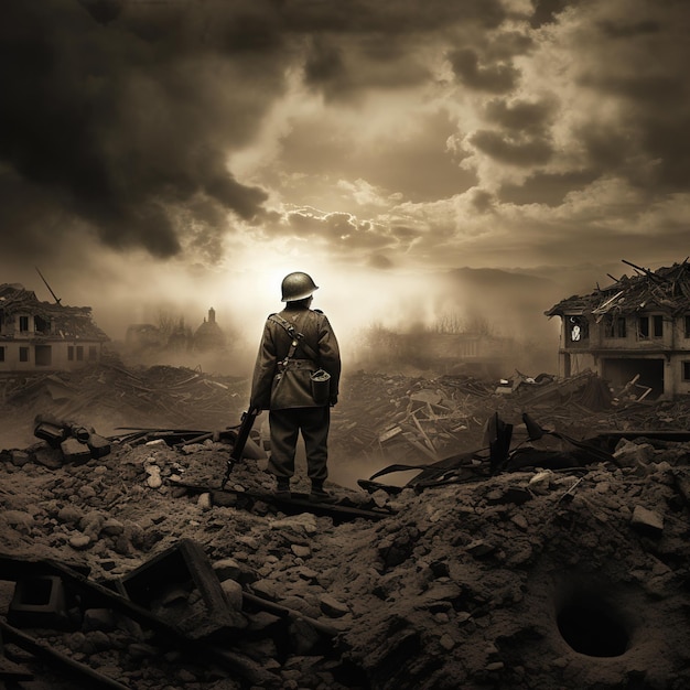 A soldier stands in a destroyed city with a cloudy sky in the background.