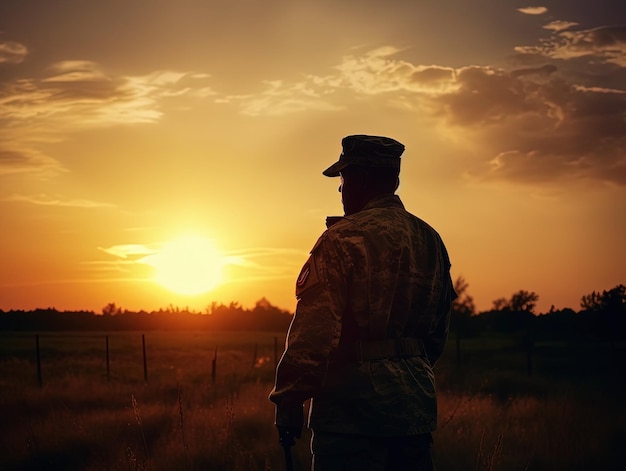 A soldier stands in a field at sunset with the sun setting behind him.