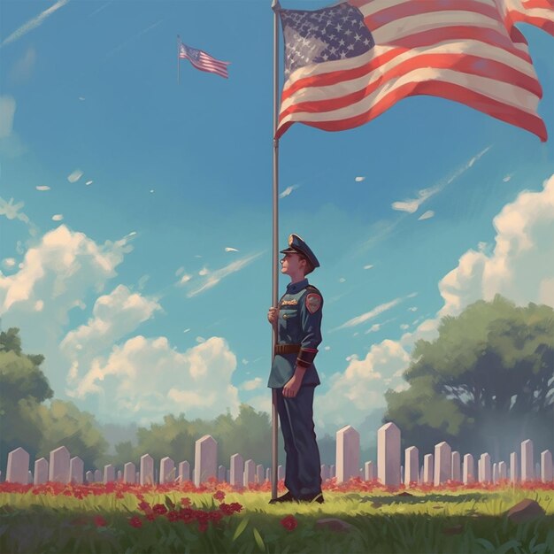 A soldier stands in a field with a flag that says'american flag'on it