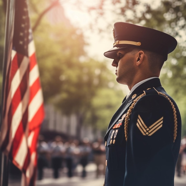 Foto un soldato si trova di fronte a una bandiera americana memorial day