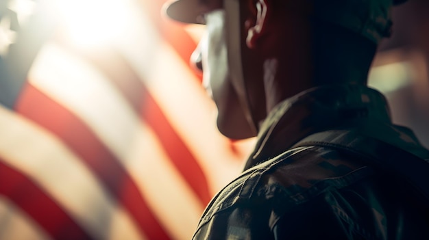 A soldier stands in front of an american flag