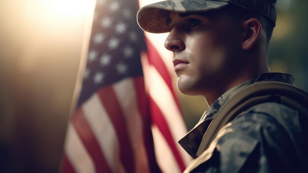 Солдат стоит перед американским флагом