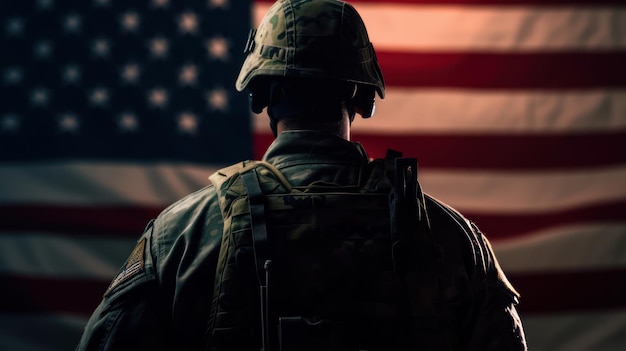 A soldier stands in front of a american flag
