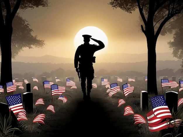 a soldier stands in front of a cemetery with flags and a flag in the background