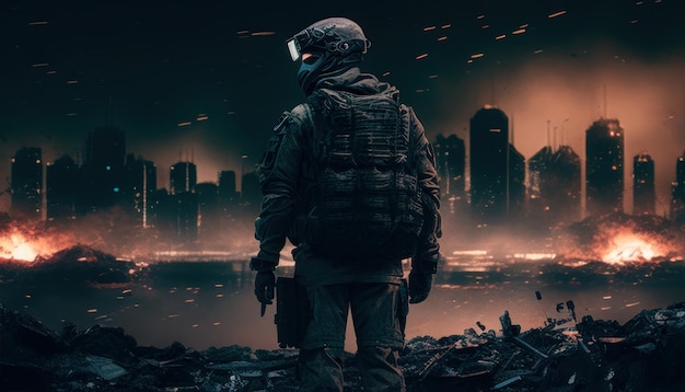 A soldier stands in front of a cityscape with the city in the background.