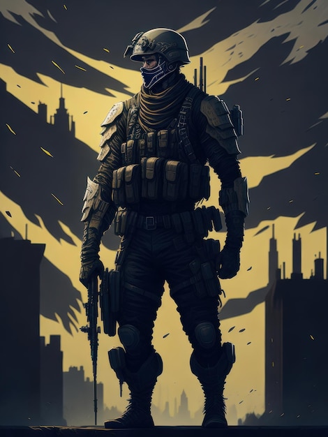 A soldier stands in front of a cityscape.