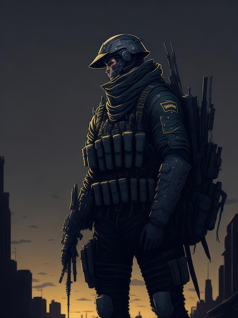 A soldier stands in front of a cityscape.