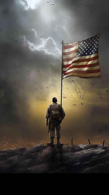 A soldier stands in front of a flag that says'the american flag '