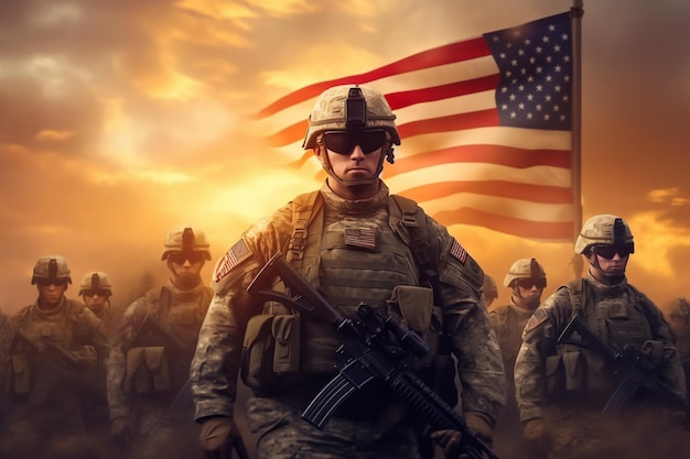 A soldier stands in front of a flag that says " army ".