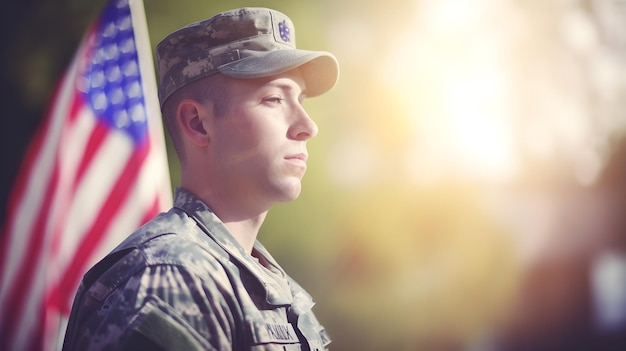 A soldier stands in front of a flag