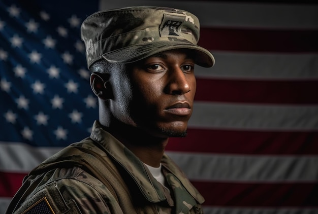 A soldier stands in front of a flag