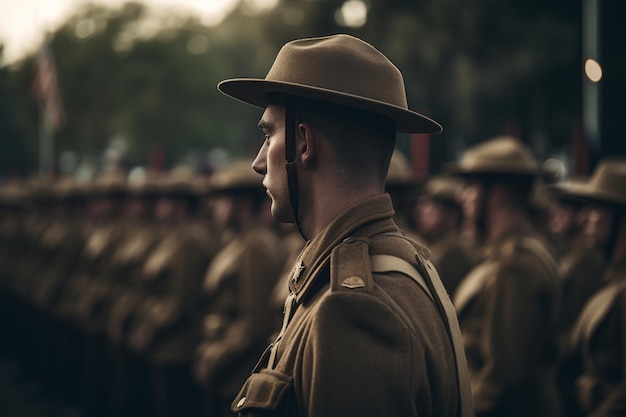 A soldier stands in front of a line of soldiers.