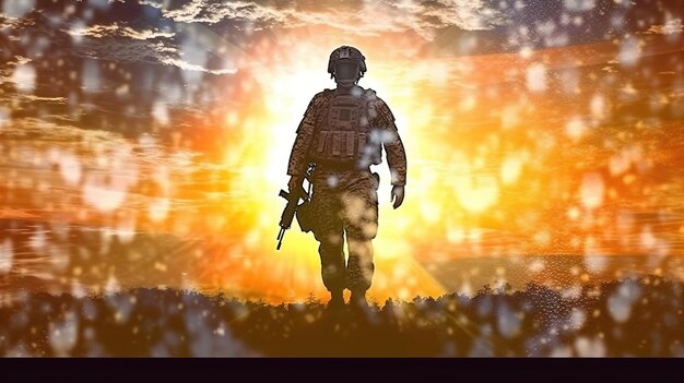 A soldier stands in front of a sunset