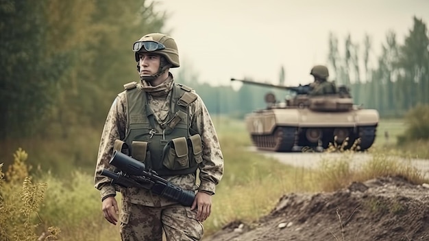 A soldier stands in front of a tank with the word army on it