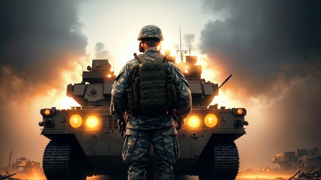 A soldier stands in front of a tank with the words military on it.