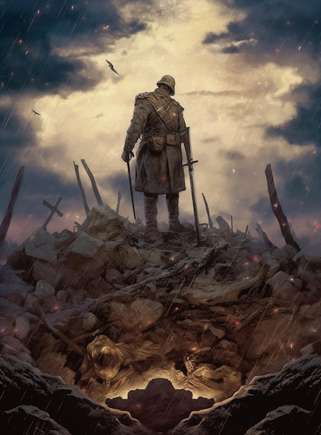 비를 맞으며 언덕 위에 군인이 서 있다