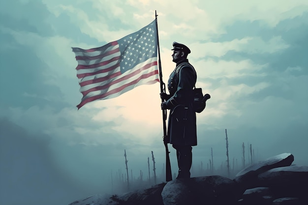 A soldier stands on a hill with an american flag in the background.