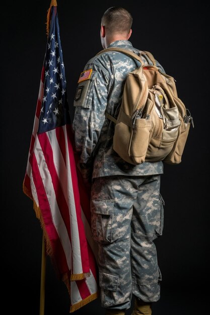 Солдат стоит с флагом и надписью "армия" на нем