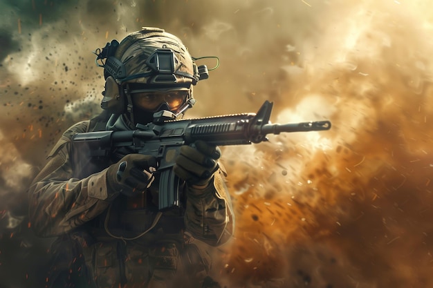 Soldier in tactical gear aiming rifle with fiery explosion behind