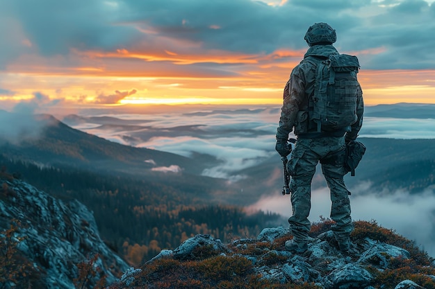 Soldier on the top of a mountain