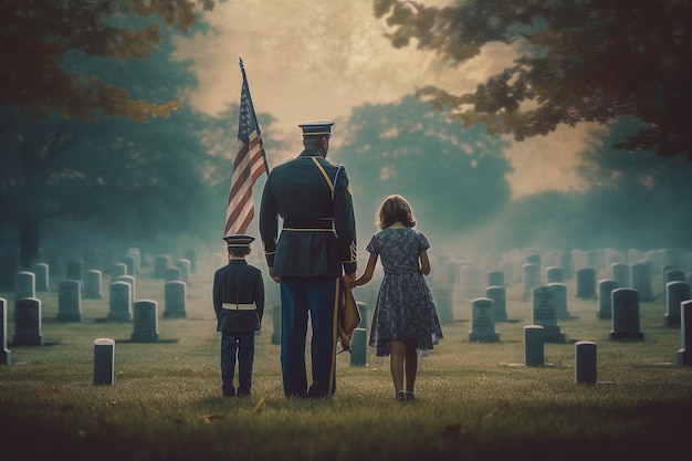 A soldier and two children stand in a cemetery with a flag on the ground.