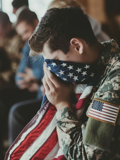 A soldier in uniform mourns covering his face with the star field of the American flag in a room filled with his comrades