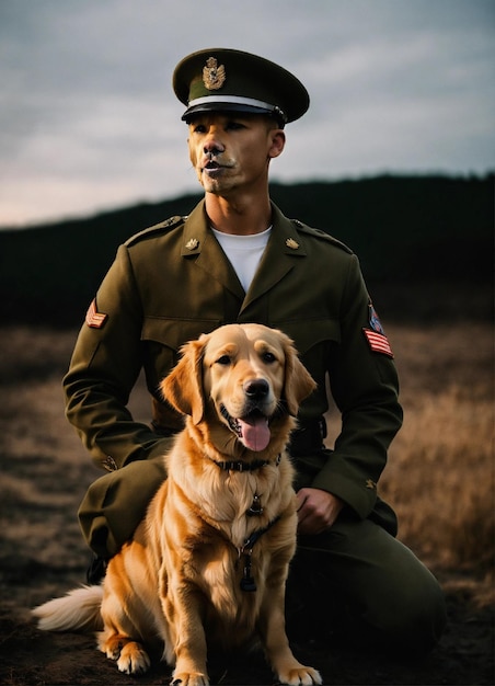 Фото Солдатская форма в золотом ретривере. фотография собаки с темной эстетикой.