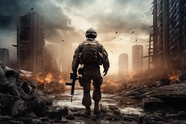 Солдат в униформе с пистолетом, идущий по разрушенному городу, защищающий землю. Воин на военной службе на войне.