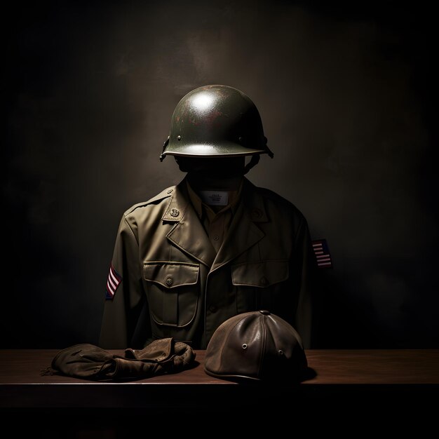 테이블에 모자와 제복을 입은 군인