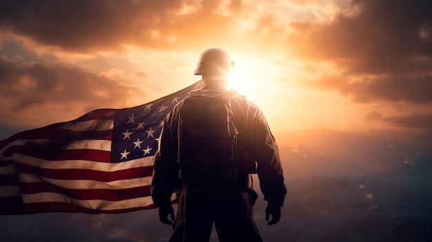 Photo soldier and usa flag on sunrise background concept national holidays flag day veterans day memorial day independence day patriot day generative ai